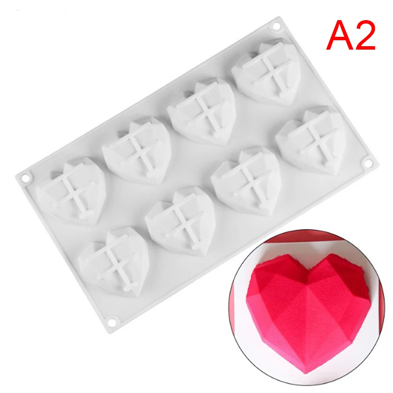 8-Cavity 3D Diamond Love Heart-Shaped Silicone Molds for Sponge Cakes Mousse Chocolate Dessert Bakeware Pastry Mould Food Grade