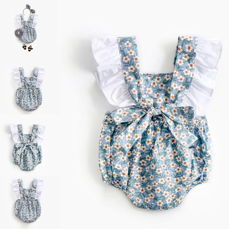

Floral Print White Ruffle Baby Rompers Backless Sleeveless Onesies Cute Bodysuit Cotton Newborn Toddler Infant Outfits