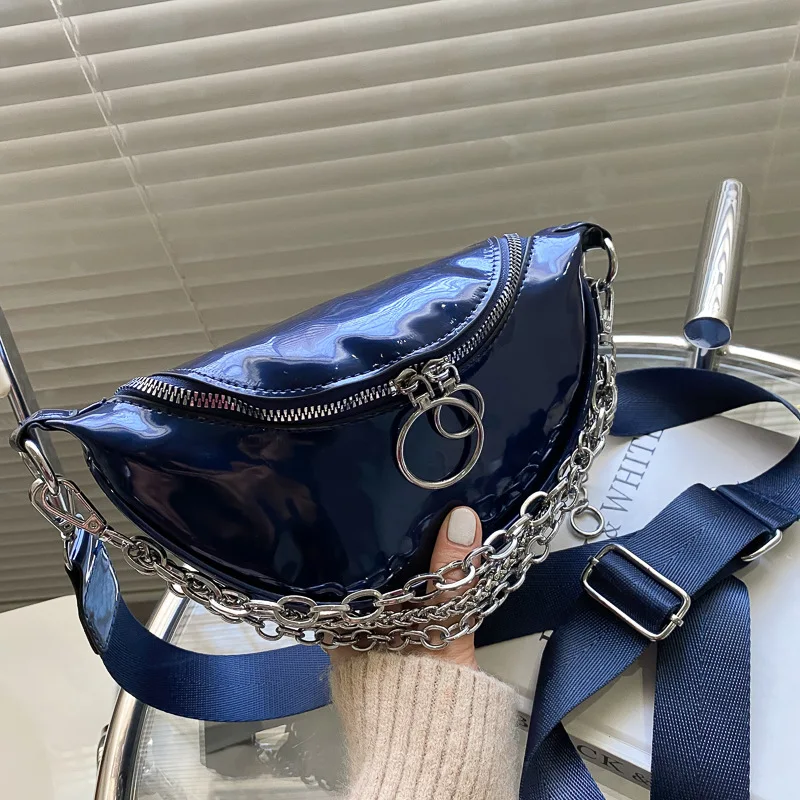 

Brand Female Bag Retro Patent Leather Shiny Belt Bag Fashionable Chain Wide Webbing Shoulder Messenger Bag Purses and Handbags