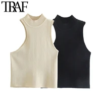 traf women sexy fashion asymmetry fitted knit tank tops vintage high neck sleeveless female camis mujer