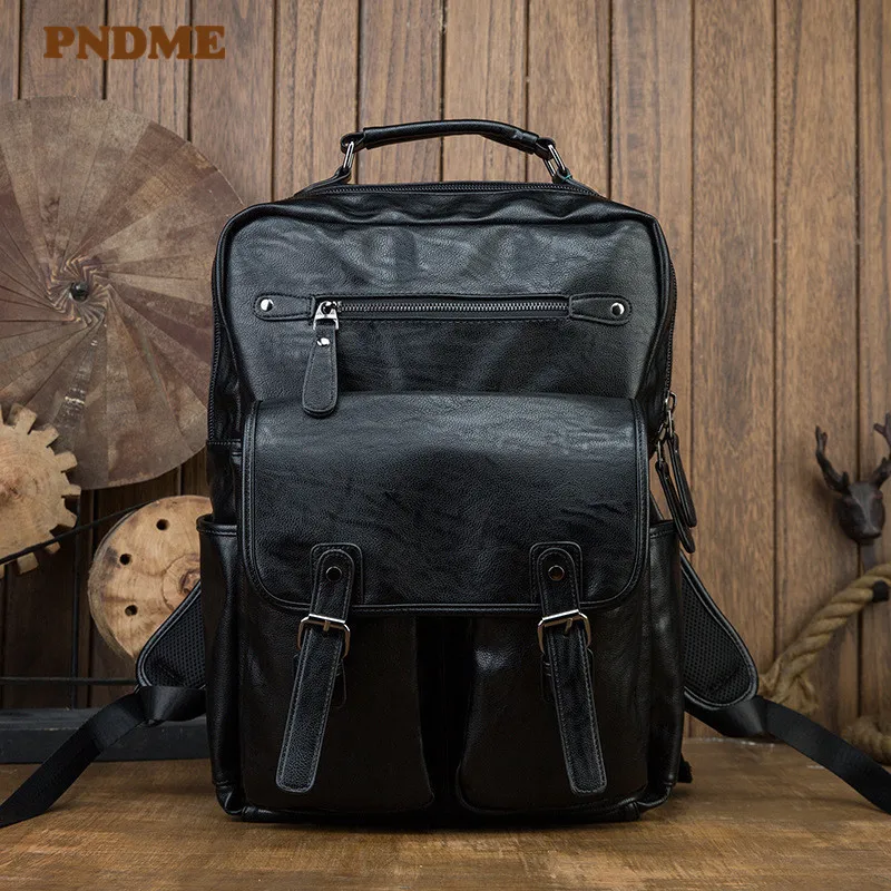 

Мужской черный рюкзак из натуральной кожи, повседневный вместительный уличный дорожный ранец из воловьей кожи с верхним слоем из натуральн...