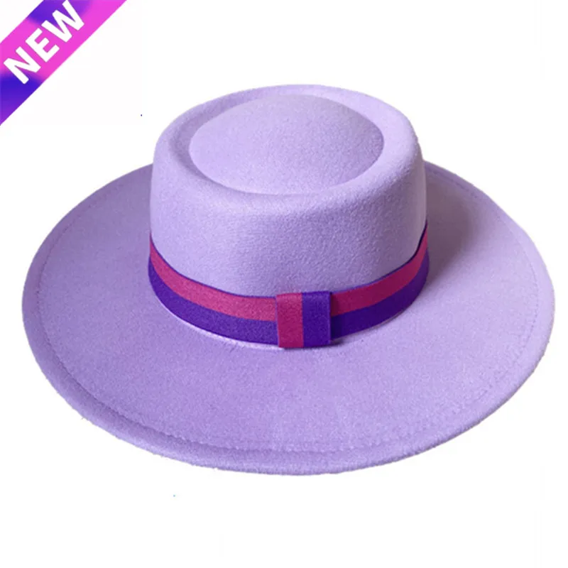 

Summer Simple Purple Patchwork belt Wool Felt Jazz Fedora Hats with Chain Men Women Wide Brim Panama Trilby Cap Autumn winter