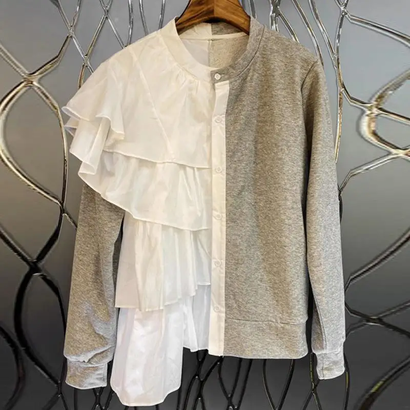 

Свитшот женский с оборками в стиле пэчворк, свободный однобортный худи контрастных цветов в Корейском стиле, с длинным рукавом, весна 2021
