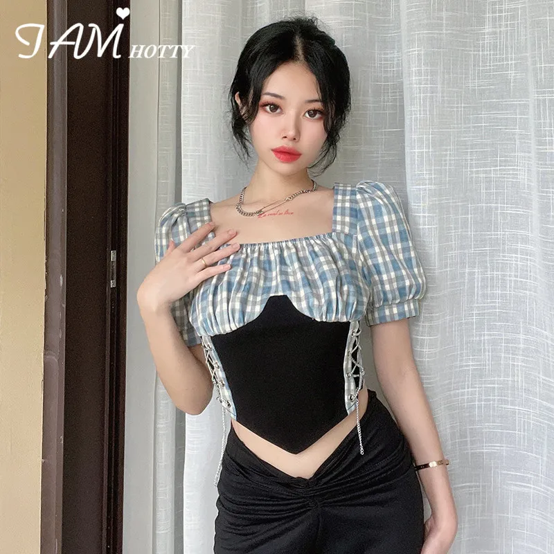 IAMHOTTY Checkboarded в стиле пэчворк металлические детали сексуальные топы для женщин
