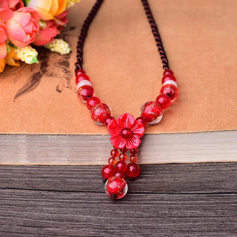 Temperamental Ethnic Style Red Onyx Beads Necklace Fashion Golden Sand Coloured Glaze Pendant Elegant Female Jewelry | Украшения и