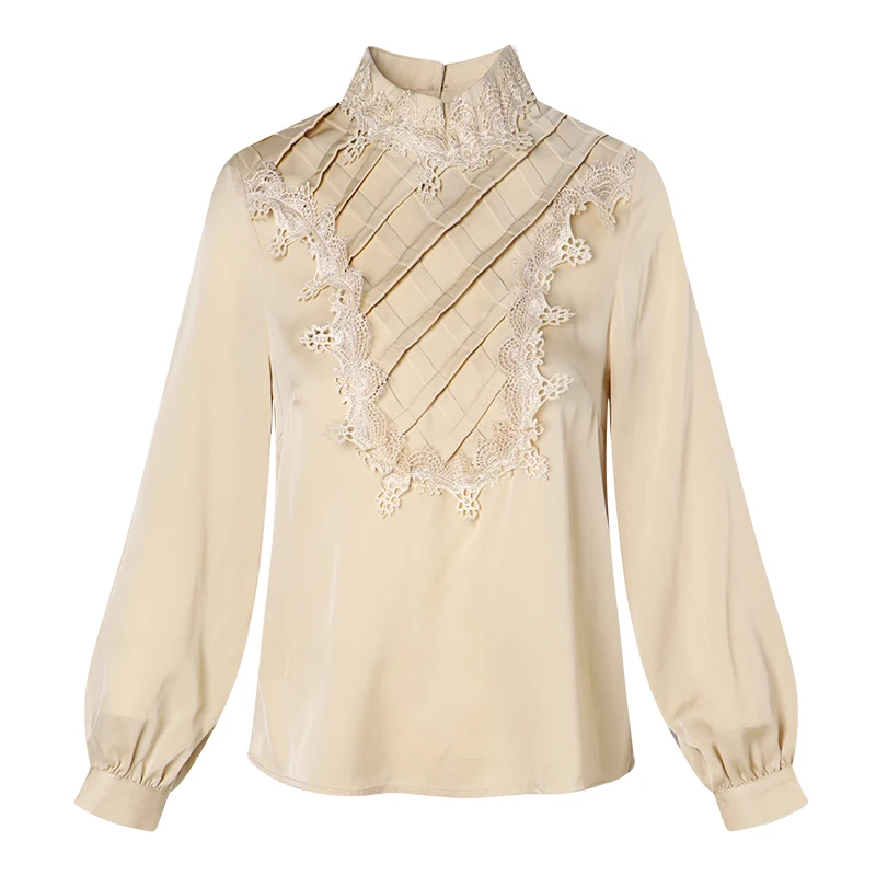 

93% Silk 7% Spandex Women's Shirt Stand Collar Long Sleeves Embroidery Lace Patchwork Plaid Elegant Pullover Blouse Camisa Tops