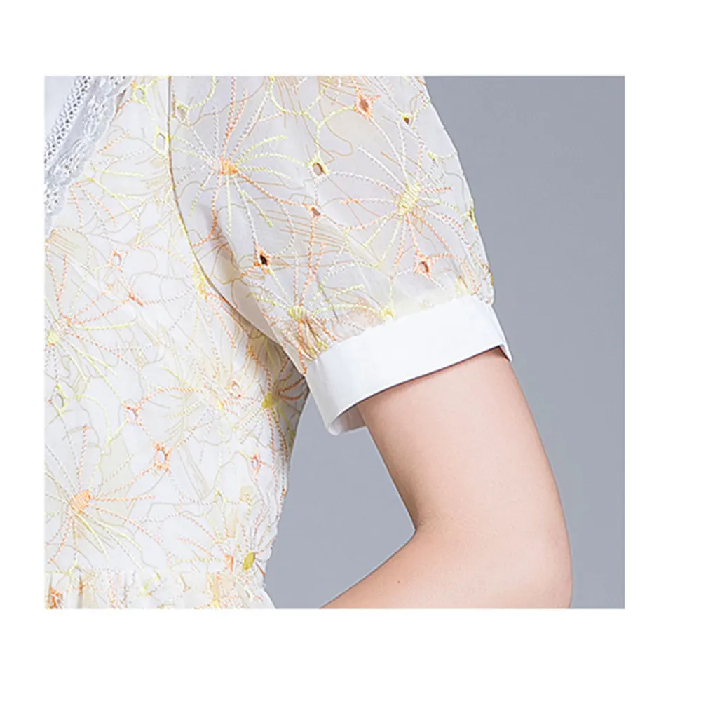 

2021 Lace Embroidery Summer Party Dress Ladies Floral Print Turn Down Collar Puff Sleeve A Line Mini Robe Woman Clothing M59051