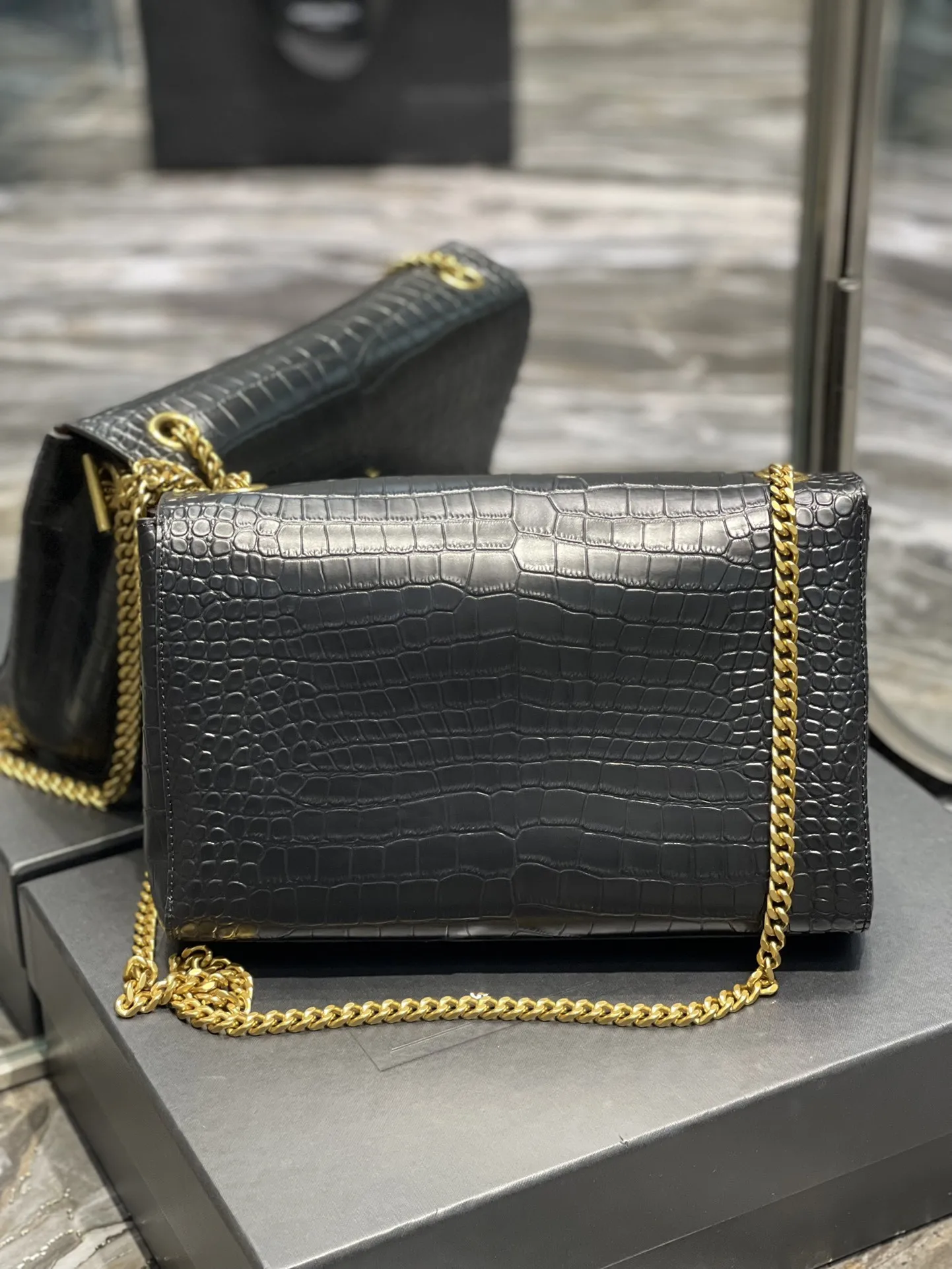 

kate crocodile grain genuine leather luxury brand fashion square loulou puffer designer crossbody shoulder bag