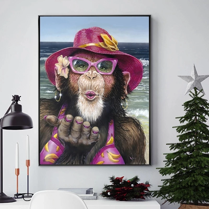 

Wall Art Canvas Painting Funny Monkey Dressed Girl Art Canvas Poster Print Cute Animal Wall Picture for Living Room Home Decor