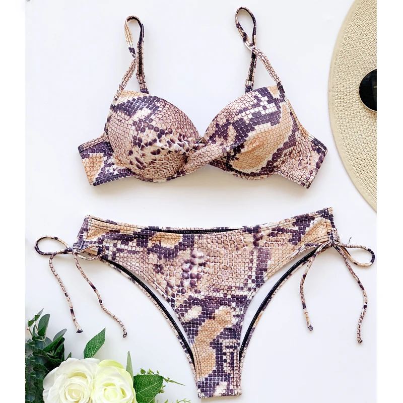 

Sexy Snake Print Swimsuit Women Underwired Push Up Bikini Set Sting Low Waist Swimwear Swimming Backless Bathing Suit Swim Suit