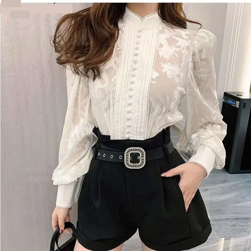 

Ladies Elegant O Neck Single Breasted Blouse 2021 Spring Autumn New Lantern Sleeve Lace Trim Bottoming Blouse Shirt For Women