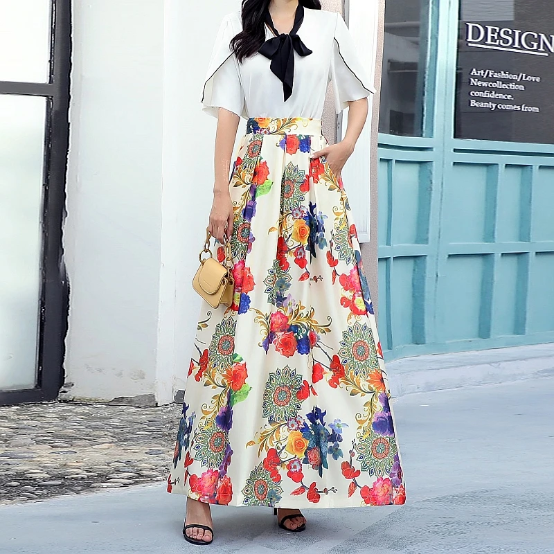 

Elegant Long Skirt Harajuku Vintage Maxi Skirts Womens Casual Woman Clothes long skirt plus size skirt Bohemian Floral skirts