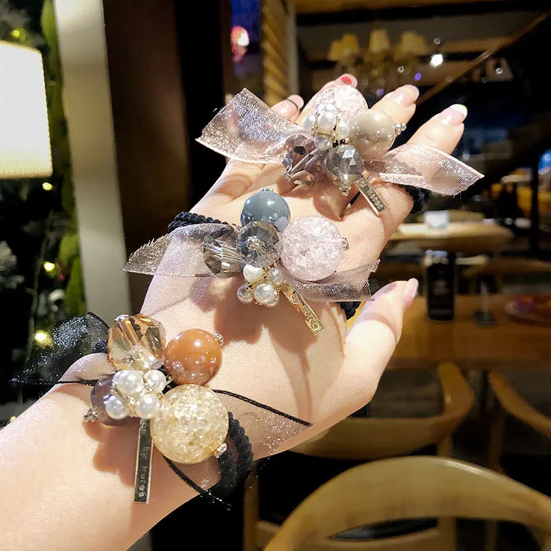 

2021 Cute Pearls Hair Bands Rhinestone Ball Alloy Elastic Rubber Bands Hair Ties Accessories for Women Girls Ponytail Holder