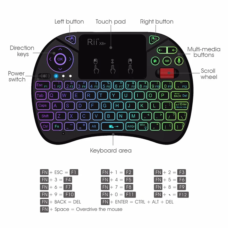 

Rii X8+ RGB 2.4G Wireless Keyboard with Touchpad Voice Search LED Backlit Rechargable Li-Ion Battery for Android TV Box