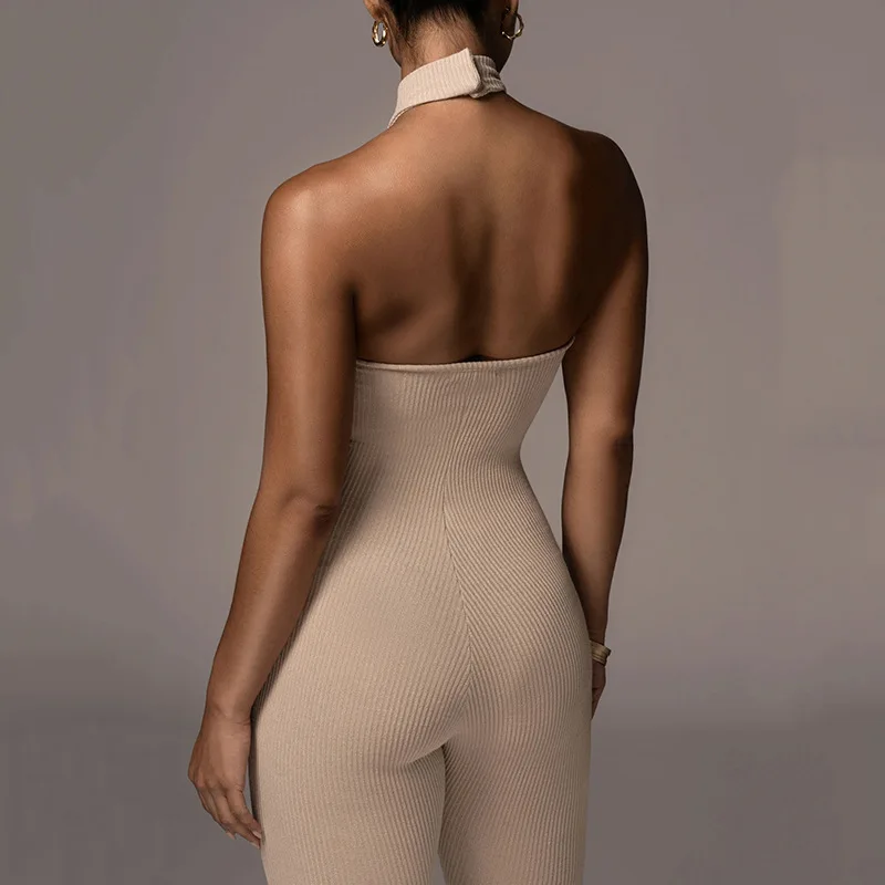 

Women jumpsuit Ribbed Knit Jumpsuit for Women Gray Comfy Sexy Halter Backless One Piece Jumpsuit 2021 Sexy Clothes