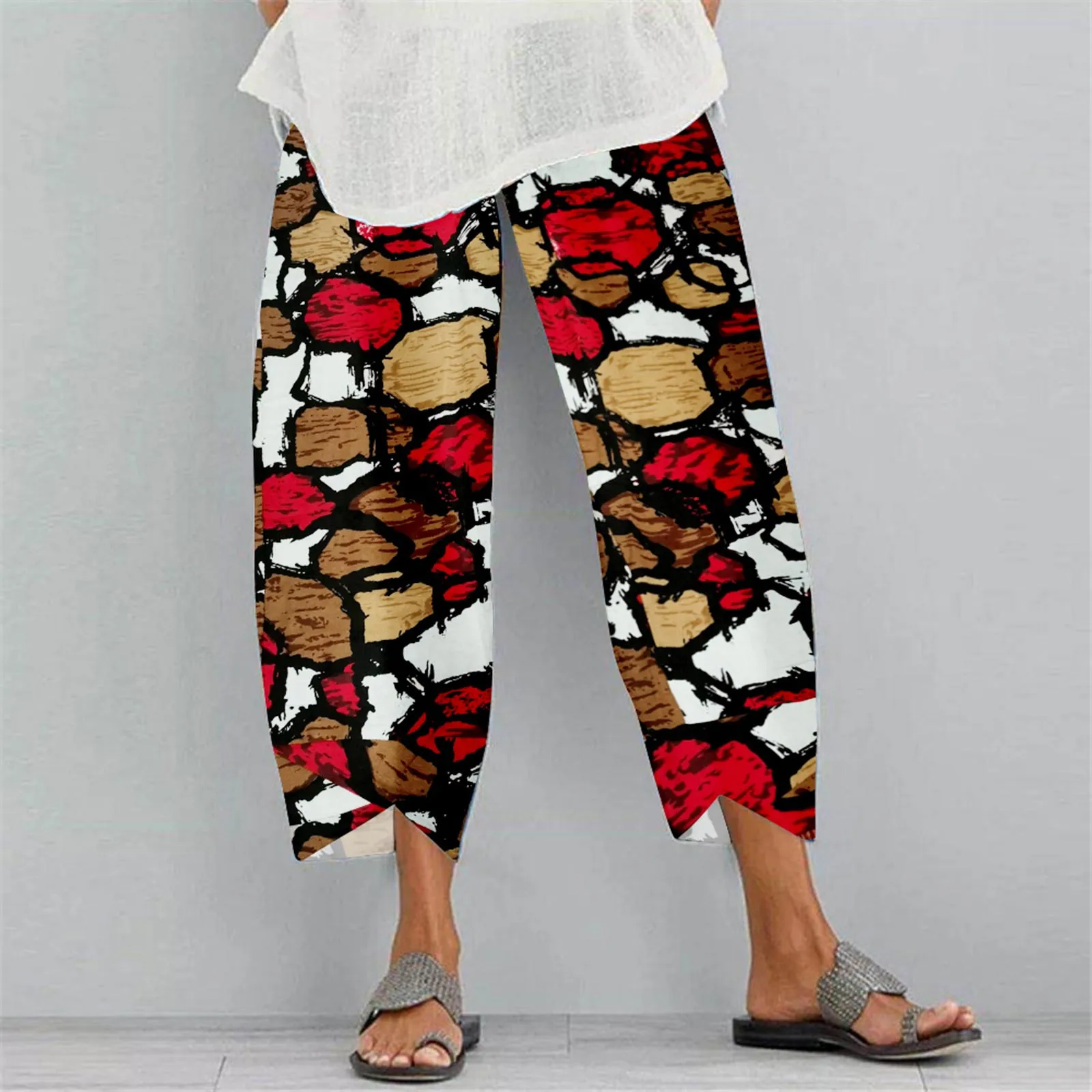 

2021 Spring Summer Women Pants Plus Size Elastic Waist Geometric Cotton Linen Harem Pants Vintage print Loose Wide Leg Pants