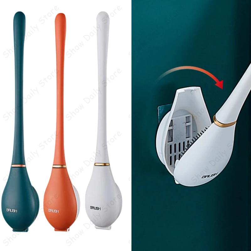 

Wall-Mounted Silicone Toilet Brushes With Holder Set Long Handled Toilet Cleaning Brush Modern Hygienic Bathroom Accessories