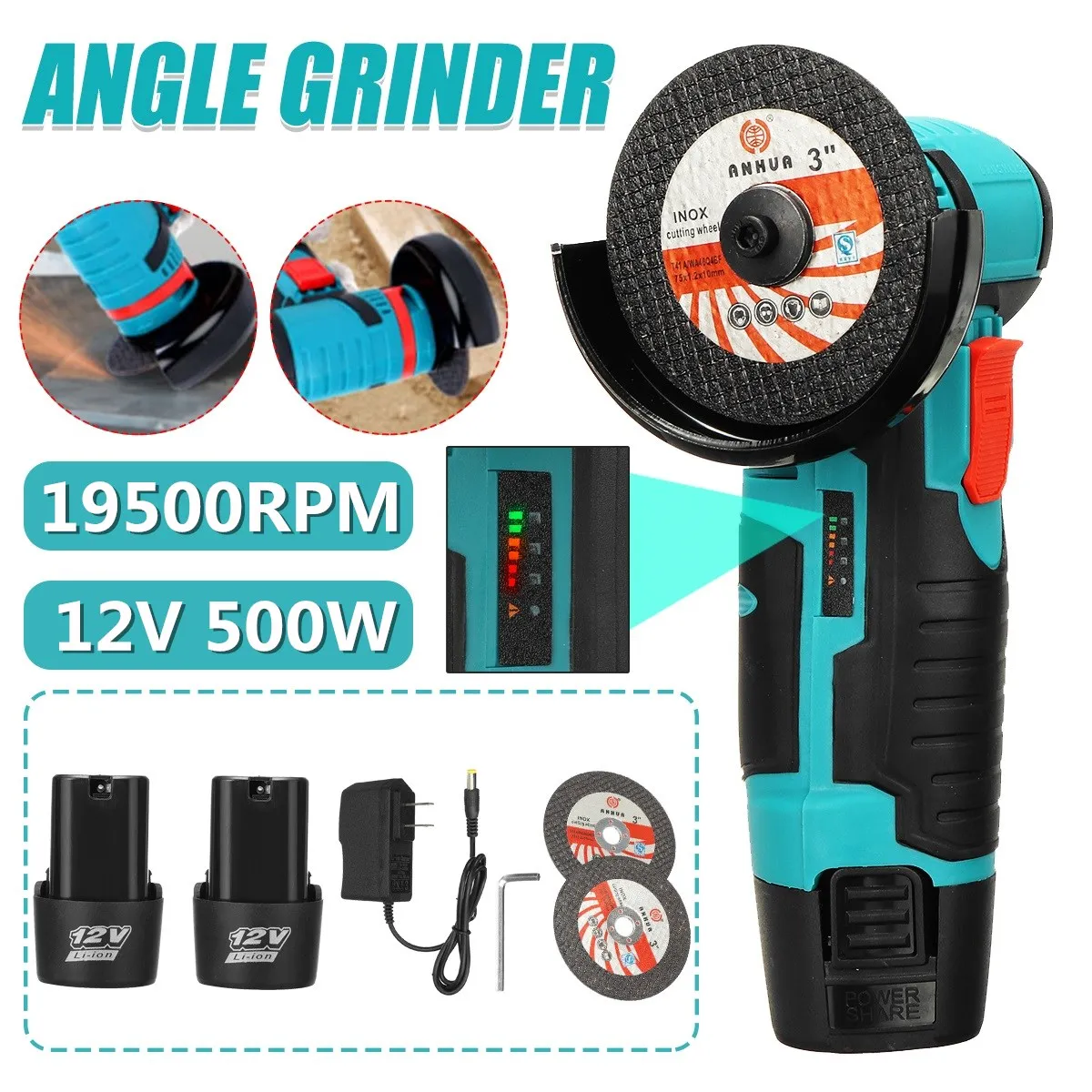 

12V 500W Brushless Angle Grinder 19500RPM Electric Polishing Grinding Machine Polishing Machine Diamond Cutting Power Tool