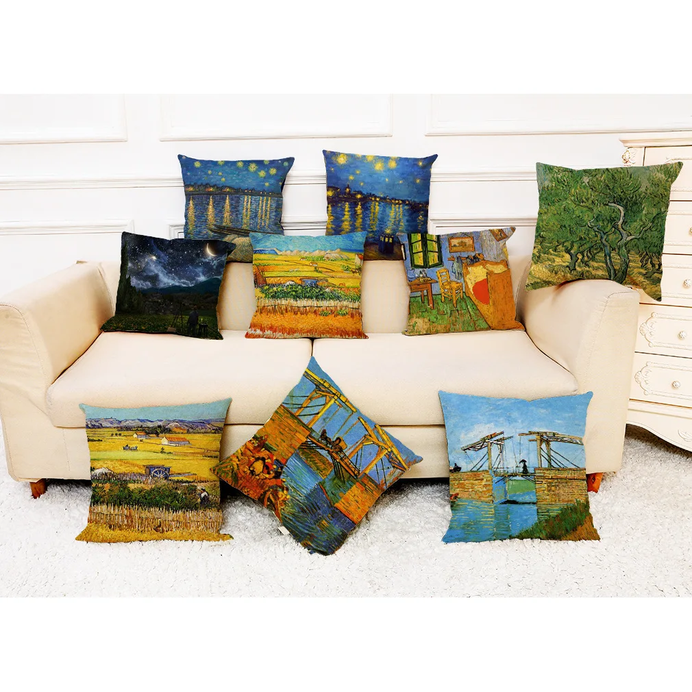 

Van Gogh Oil Painting Pillow 45*45cm European Style Landscape Pillowcase Cushion Cover Office Home Sofa Bed Decora Cushion Case