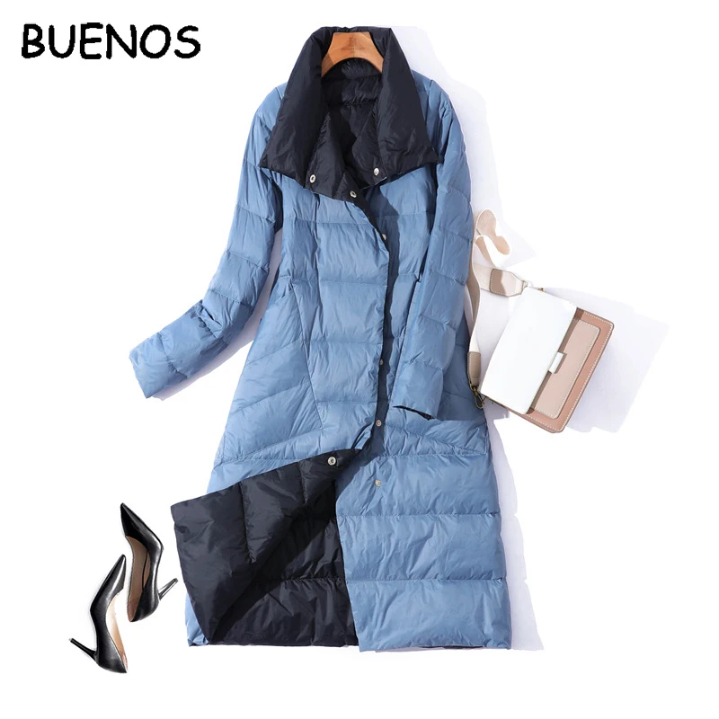 Женский пуховик BUENOS Белый двубортный Пуховик с длинным рукавом|Женские пуховики|