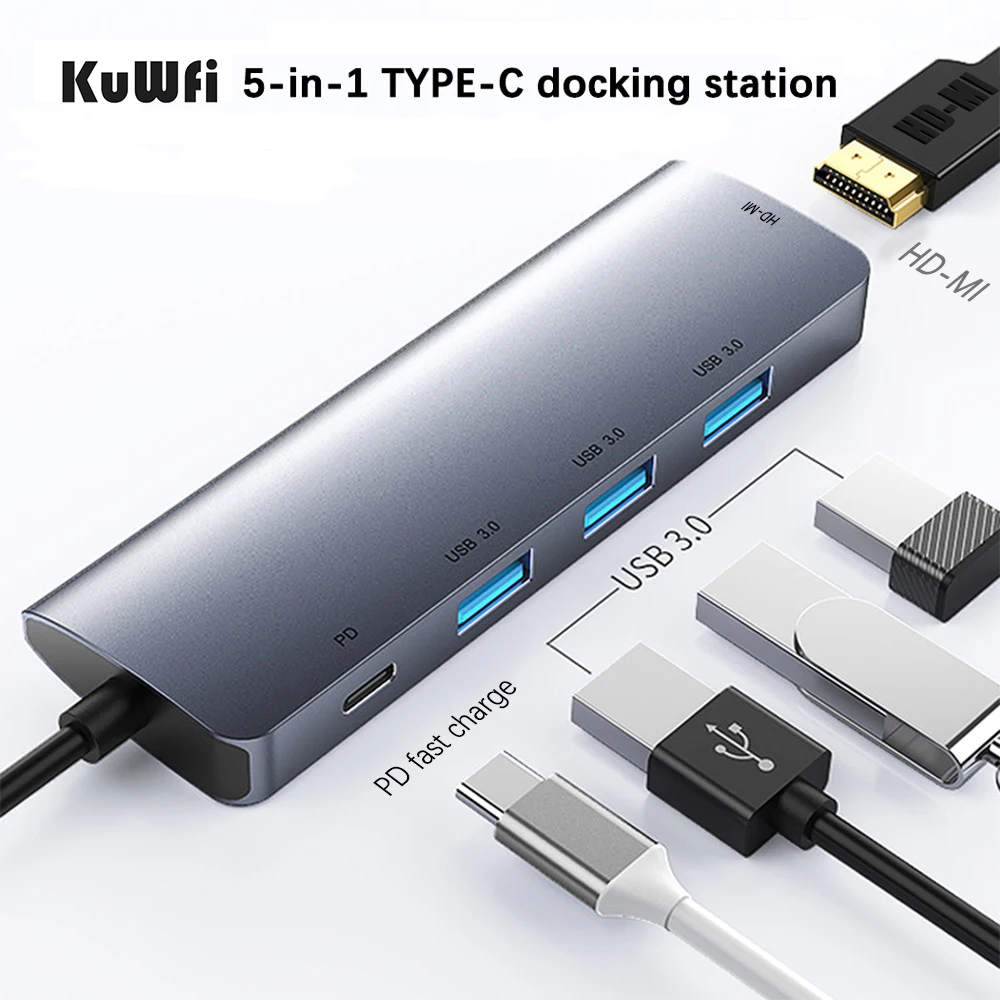 

5 In 1 USB C Hub Type-C To USB3.0/HDMI/Card Readers With PD Fast Charge Adapter Splitter Docking Station For Macbook Huawei