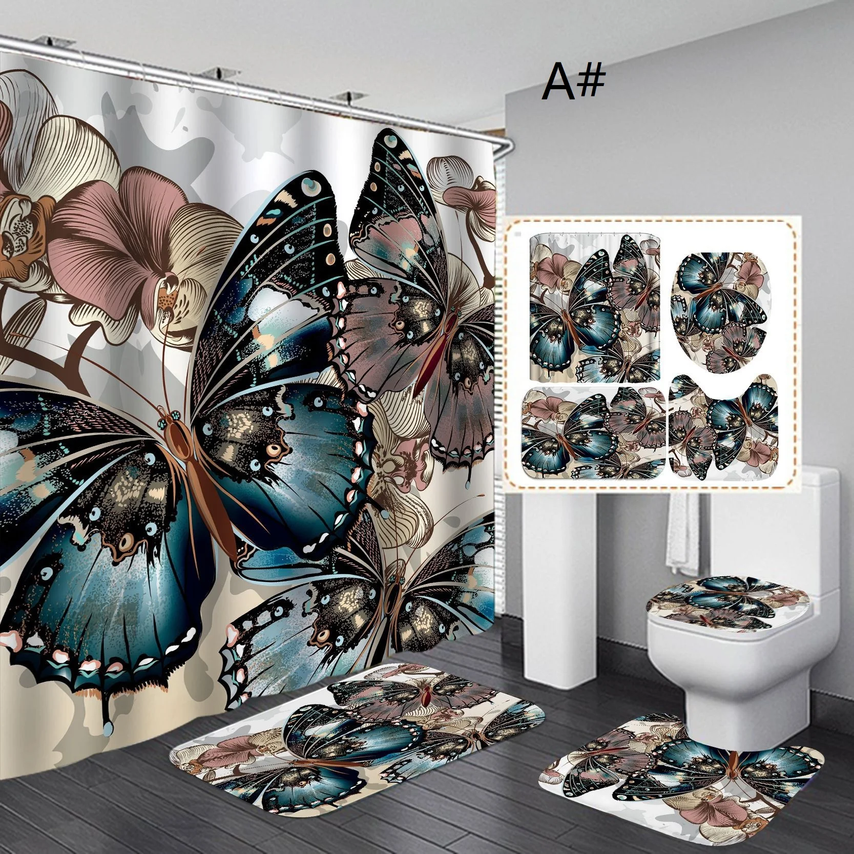 

4pcs/set Waterproof Insect butterfly bathroom carpet bath Shower curtain bathroom absorbent non-slip floor bath mat home lving
