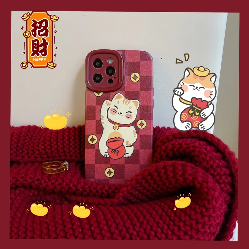 

Kawaii Japanese Anime Lucky Cat Phone Case For iPhone 11 12 13 Pro Max Xs X Xr 7 8 Plus Cute Winter Soft Shockproof Cover