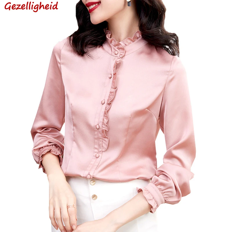 

Gezelligheid Blouses For Women 2021 New Fashion Spring Summer Elegant Casual Slim Office Ruffle Multicolor Chiffon Shirts Tops