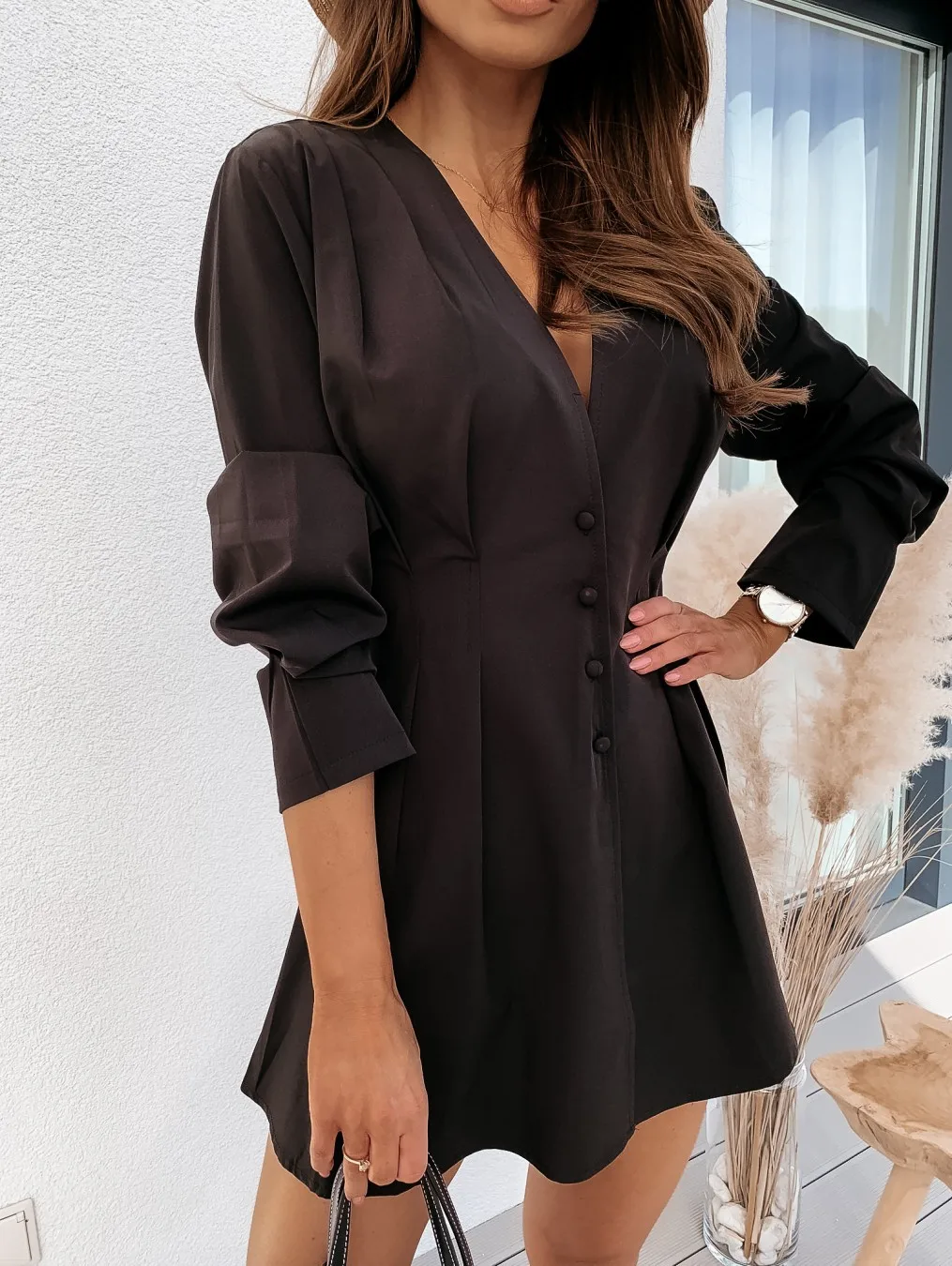 

Elegant Sexy V-neck Solid Summer Dress women Casual Button Long Sleeve Short Mini Dress A-line Office Ladies Dresses 2021 New