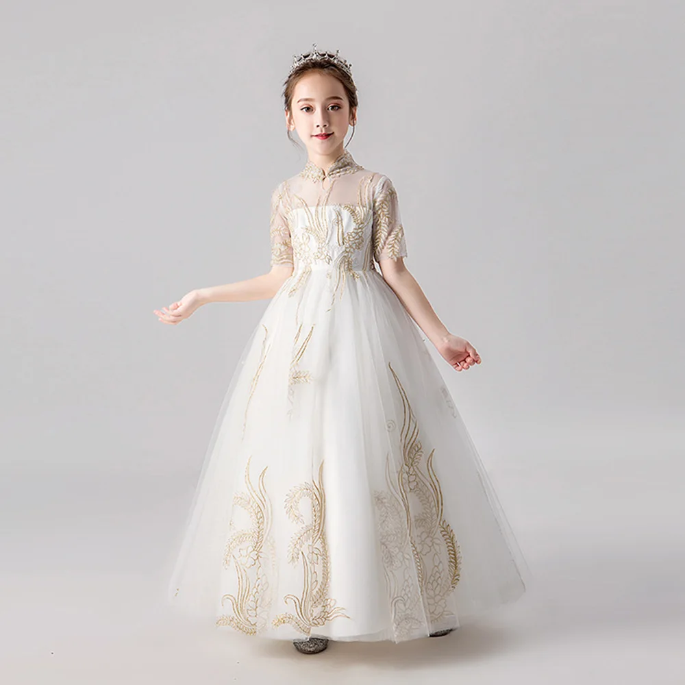 Платье с коротким рукавом для девочки кружевной аппликацией | Свадьбы и