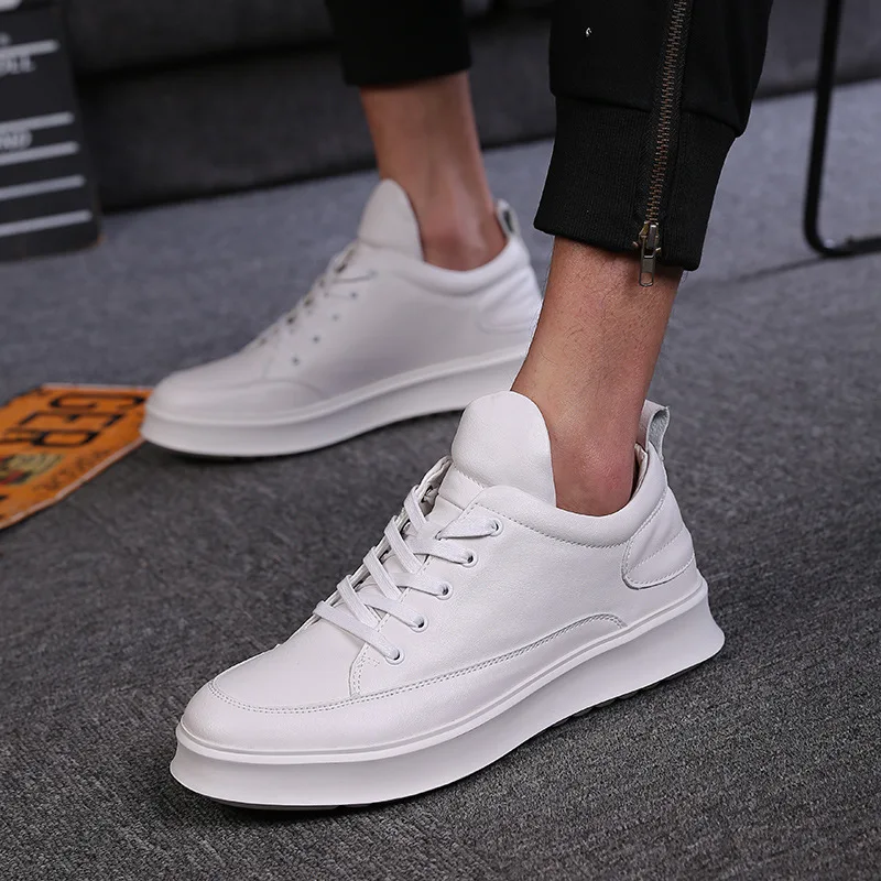 

Korean style men's casual shoes black white genuine leather flats shoe young teenage streetwear platform sneakers lace-up zapato