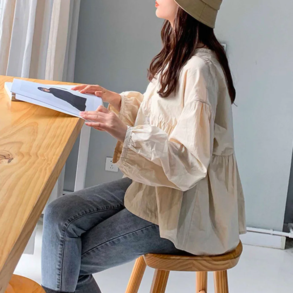 

Japanese Style Autumn New 2021 Fashion Loose Blouse Solid Color V-neck Casual Lantern Sleeve Simplicity Temperament Women's