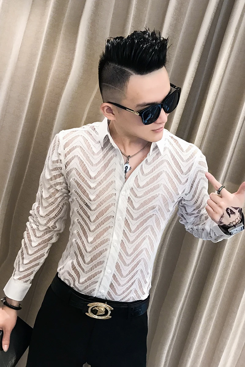 Transparent Shirt Summer Short Sleeve Shirt Camisa Hombre Stitching Stripe Shirt See Through Shirt Men Chemise Homme Marque Luxe
