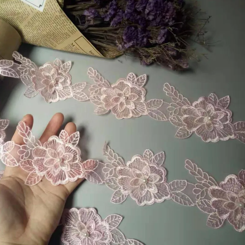 2 ярда розовый хлопок жемчужные цветы листья вышитая кружевная отделка лента