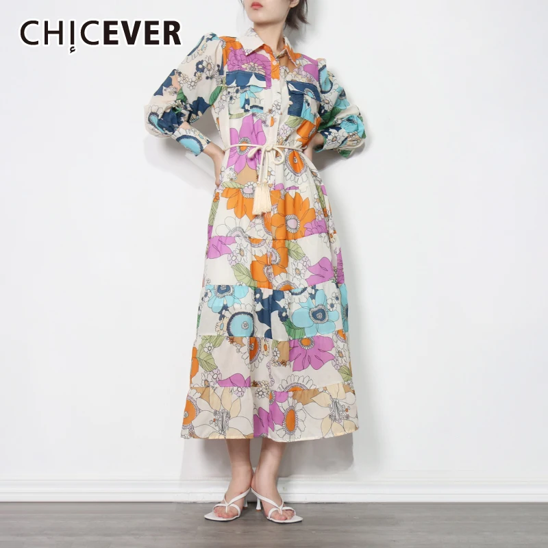 

CHICEVER Print Dual Pocket Dress For Women Lapel Long Sleeve High Waist Lace Up Colorblock Midi Dresses Female Fashion New 2021