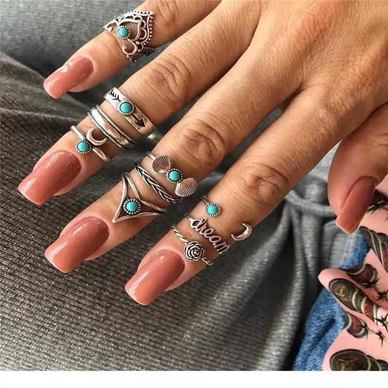 

Набор серебряных колец в стиле ретро, в стиле бохо