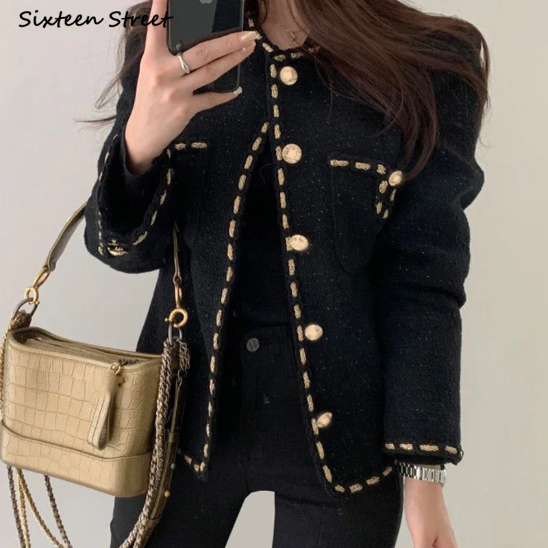 Golden Button Woolen Jacket Woman Winter Single Breasted Pocket Elegant Tweed Cropped Coat Korean Business Office Outerfit Fall | Женская