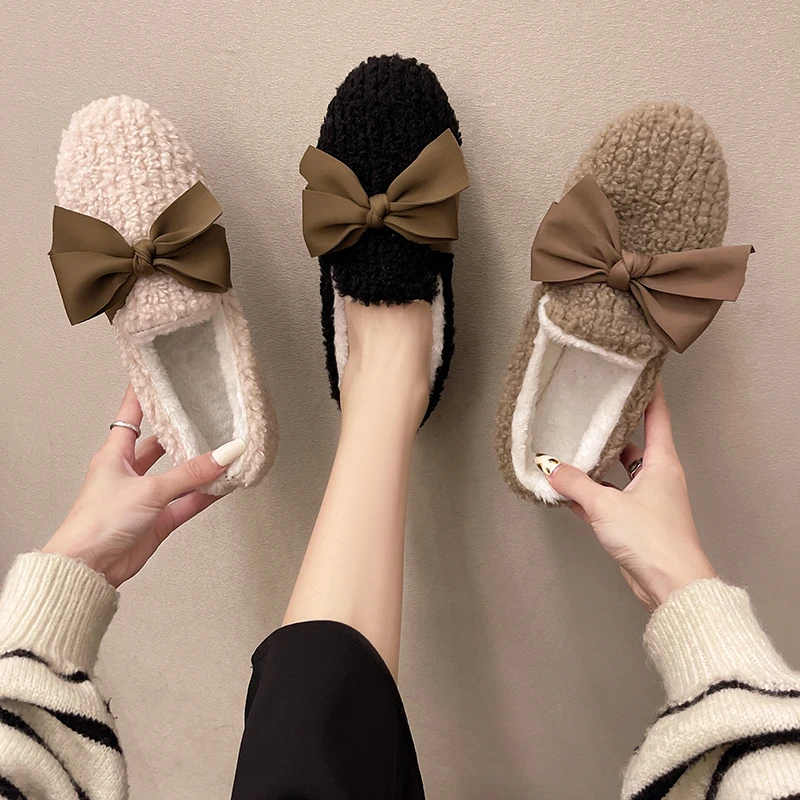 

Hairy Shoes Women Winter Wear 2021 New Style Plus Velvet Bow Lamb Edamame Peas Shoes Warm Women's Shoes Flat Shoes