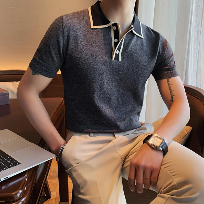 

Contrast Lapel Polo Shirts for Men Short Sleeve Casual Knitting Polo Shirt High Quality Business Slim Tops Homme Male Clothing