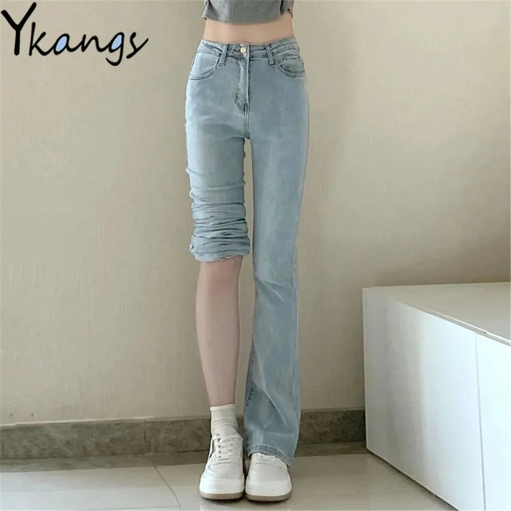 

Basic Light Blue High Waist Slimming Bootcut Jeans Wild Korean Classic Mom Denim Pants Chic Streetwear Y2k Women Flared Trousers
