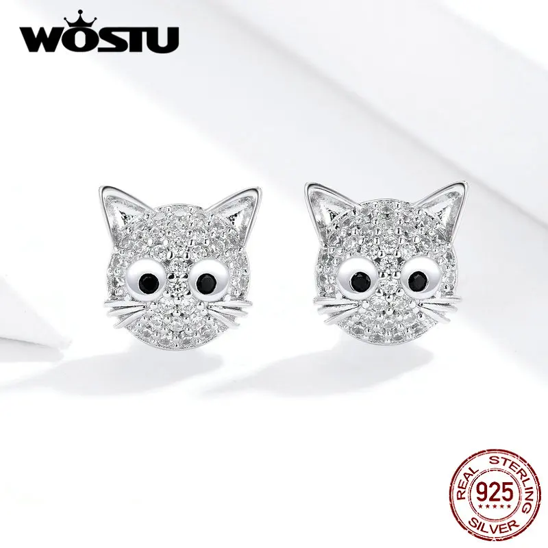 WOSTU, серьги-гвоздики с кошечкой Китти, 925 пробы, серебро, для женщин, циркон, животные, маленькие серьги, подлинные свадебные украшения, FIE751