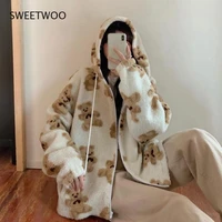 cartoon bear lamb wool womens hooded jacket casual oversized tops winter clothes woman jackets cute korean coats