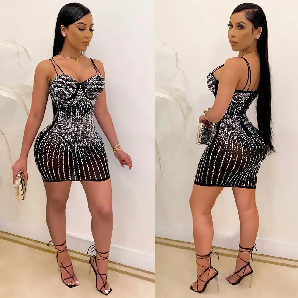 

Sexy Women Dress Sheer Mehs Mini Dress Party Night Clubwear Spaghetti Strap Dresses For Women Vestidos