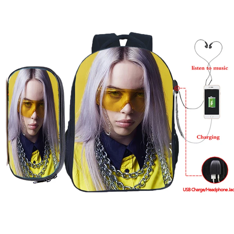 Billie Eilish рюкзак для зарядки через usb 2 шт./компл. школьная сумка для подростков мальчиков и девочек рюкзак для ноутбука пенал Дорожная сумка на плечо