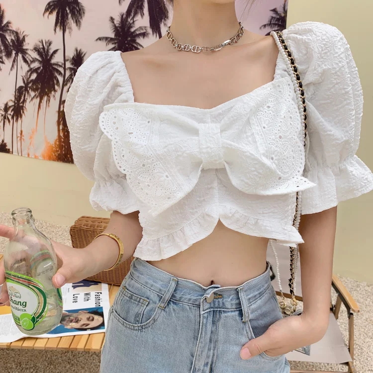 

COIGARSAM blouse women Summer Bow Puff Sleeve blusas womens tops and blouses White 3517