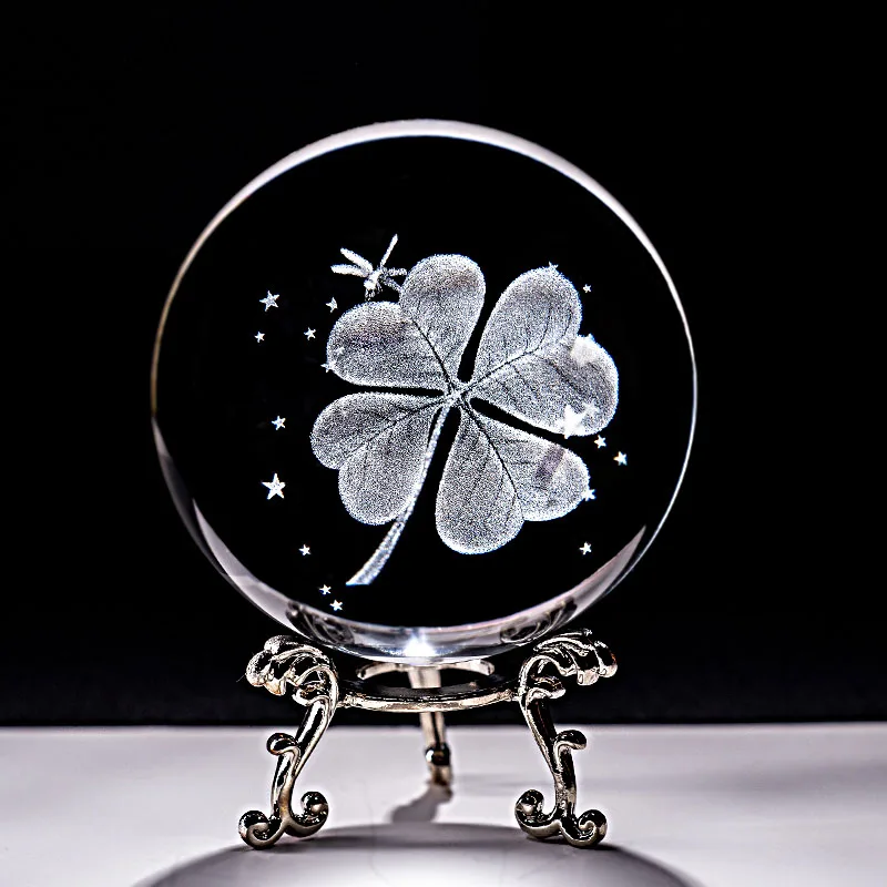 

6CM Crystal Ball Four Leaf Clover Miniatures 3D Laser Engraved Glass Sphere Paperweight Home Decoration Ornaments Gifts Figurine