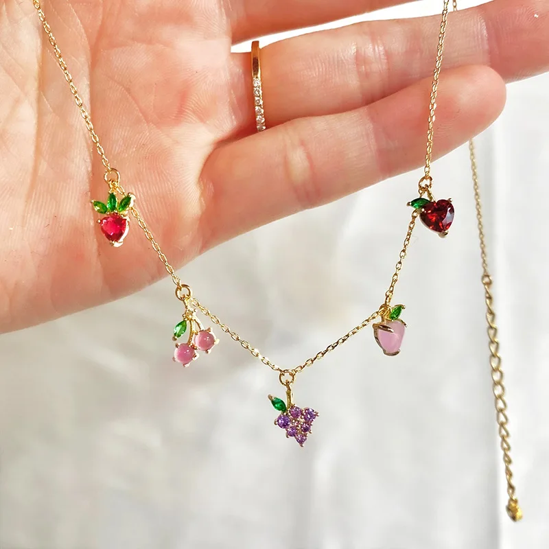 2020 Summer Hot Cute Korean Fashion Jewelry 18k Gold Plated Cherry Grape Peach Multiple Fruits Charm Choker Necklaces For Women