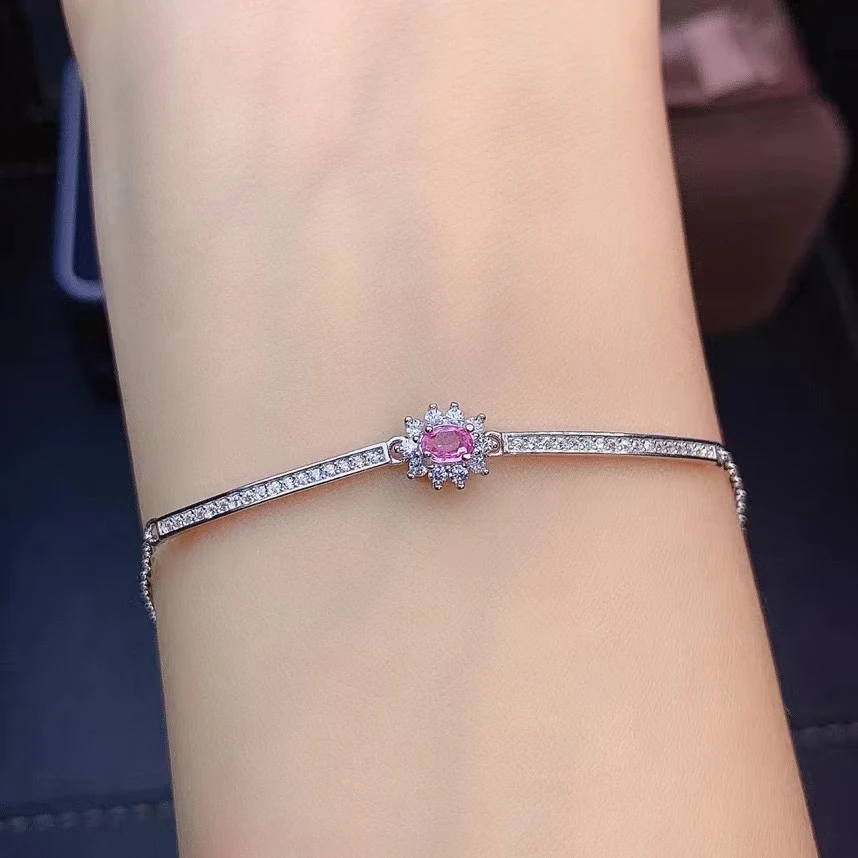 Женский браслет с розовым сапфиром изящный из серебра 925 пробы вставками