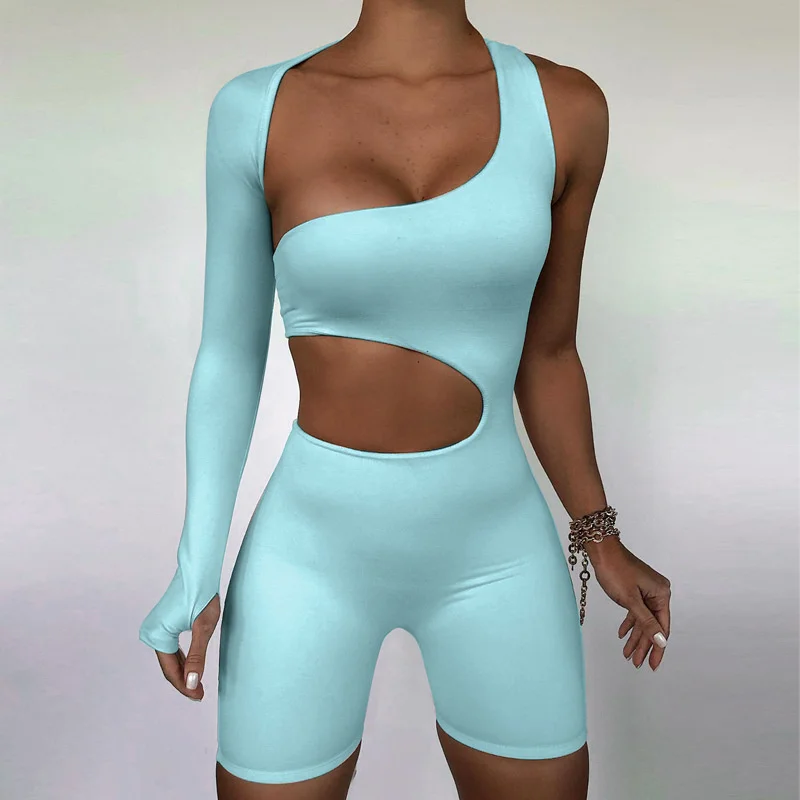 

WLLWLP 2021 Fashion Trend One Shoulder Long Sleeve Hollow Out Sexy Romper Women Solid Color Tight Bottomed Clothing A220