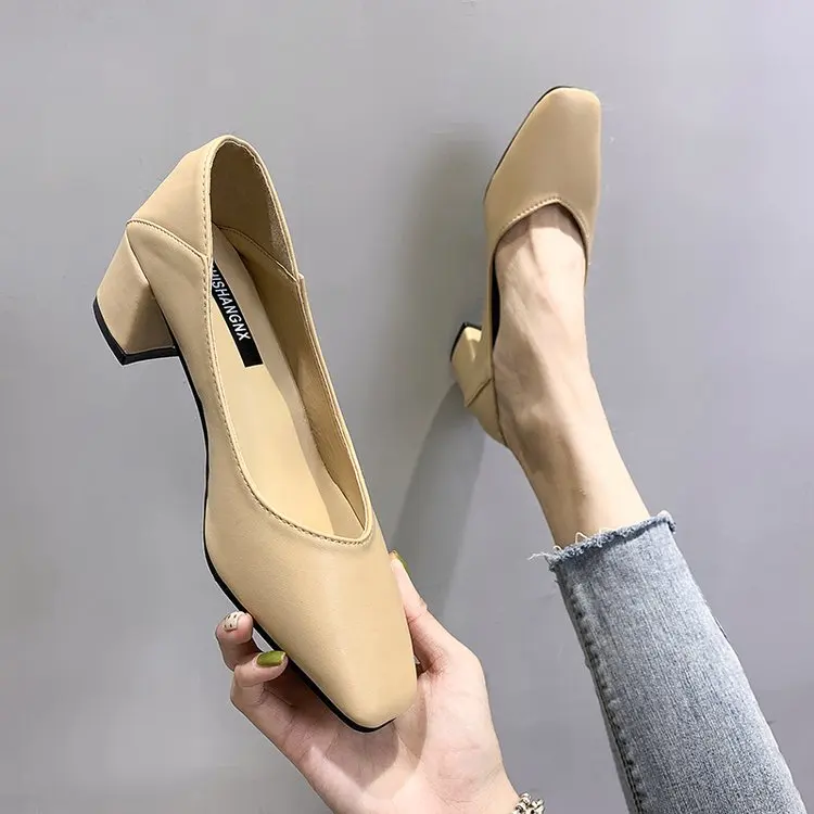 Beige Г., новые осенние женские тонкие туфли корейские модные повседневные офисные туфли-лодочки на Высоком толстом квадратном каблуке с закрытым носком - Цвет: Beige